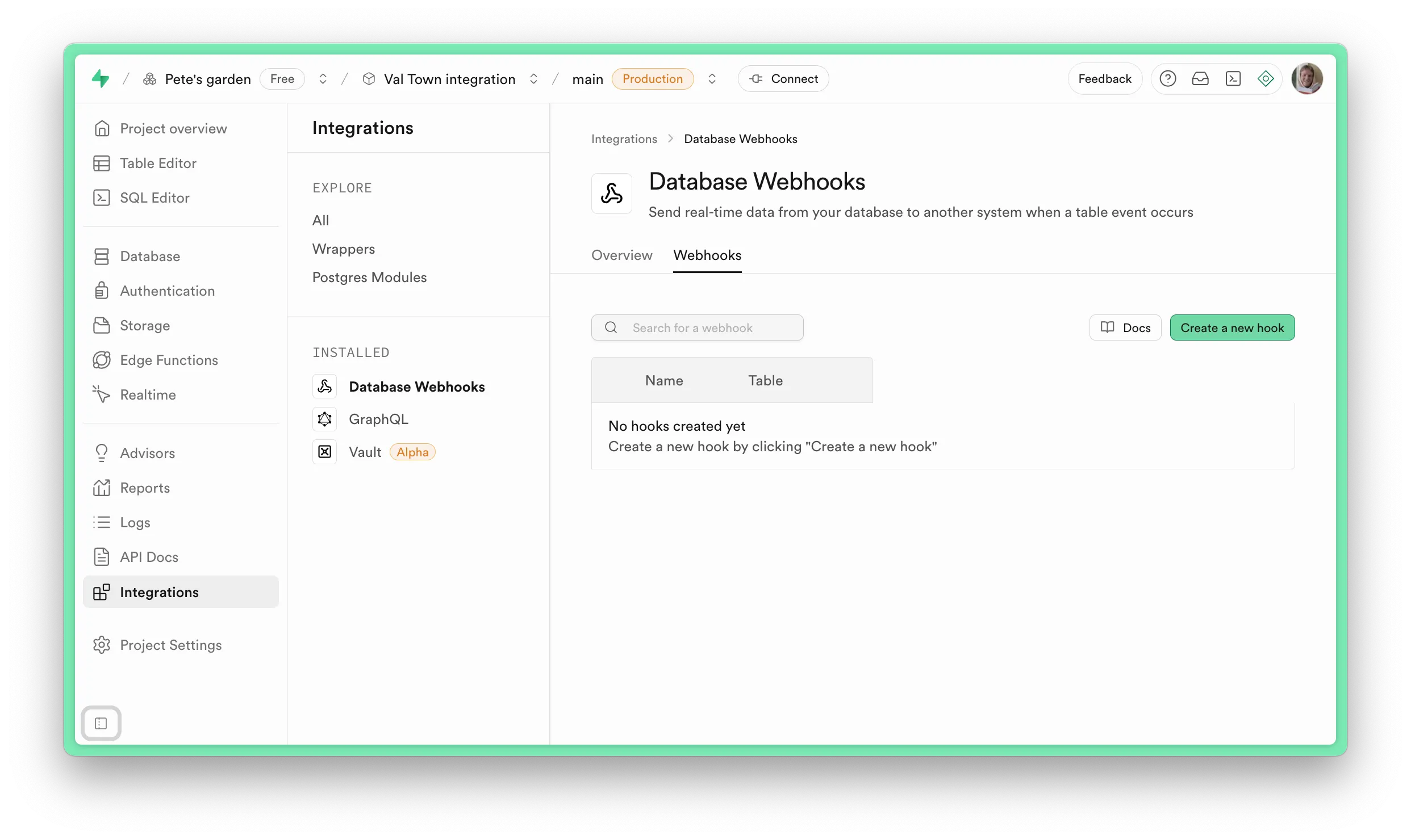 Supabase Dashboard > Integrations > Database Webhooks
